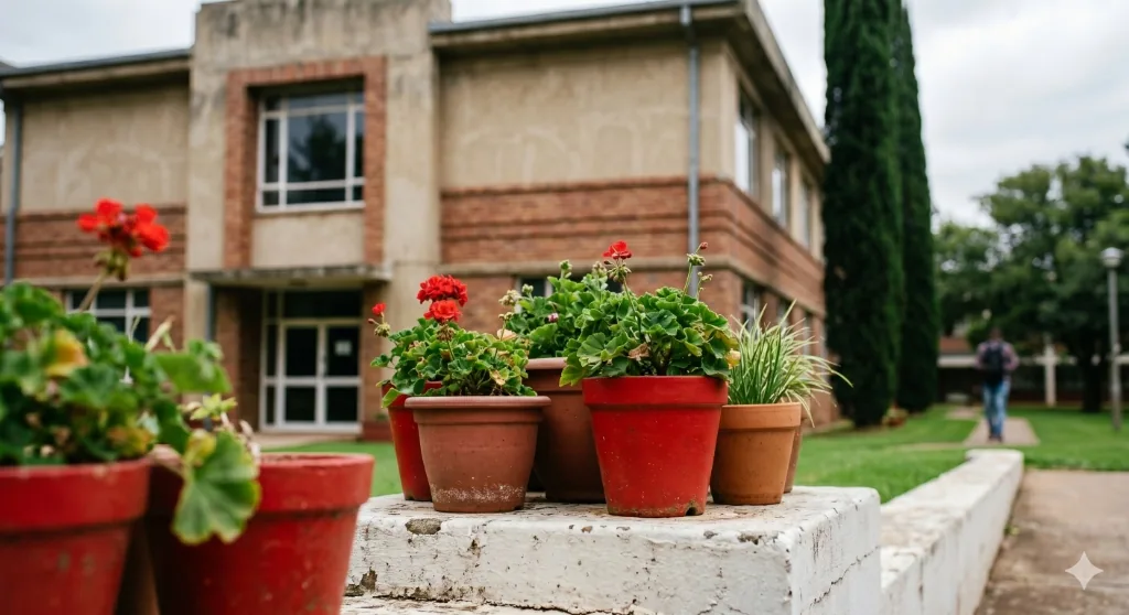 FCHS Campus Entrance with Red Geranium Flower Pots — Frontier College Lahore