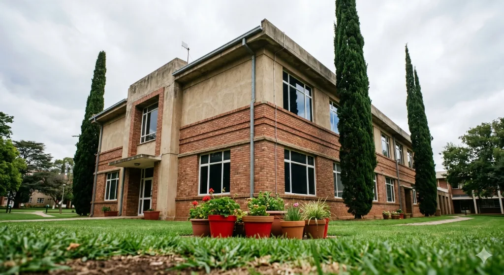 FCHS Lahore Campus Corner — Brick Building with Cypress Trees and Green Lawn