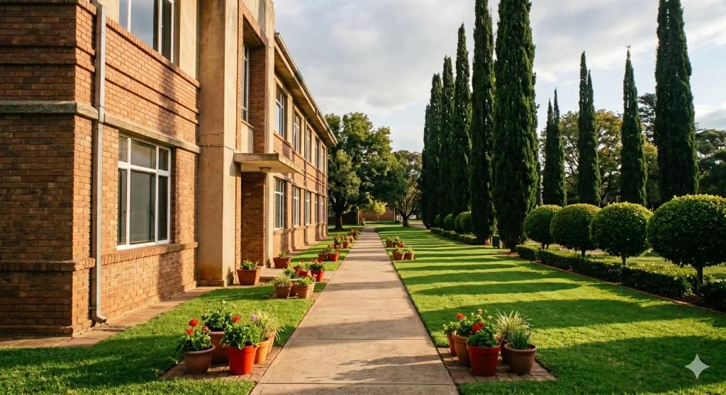 FCHS Lahore Campus Walkway Lined with Cypress Trees and Red Flower Pots — Frontier College